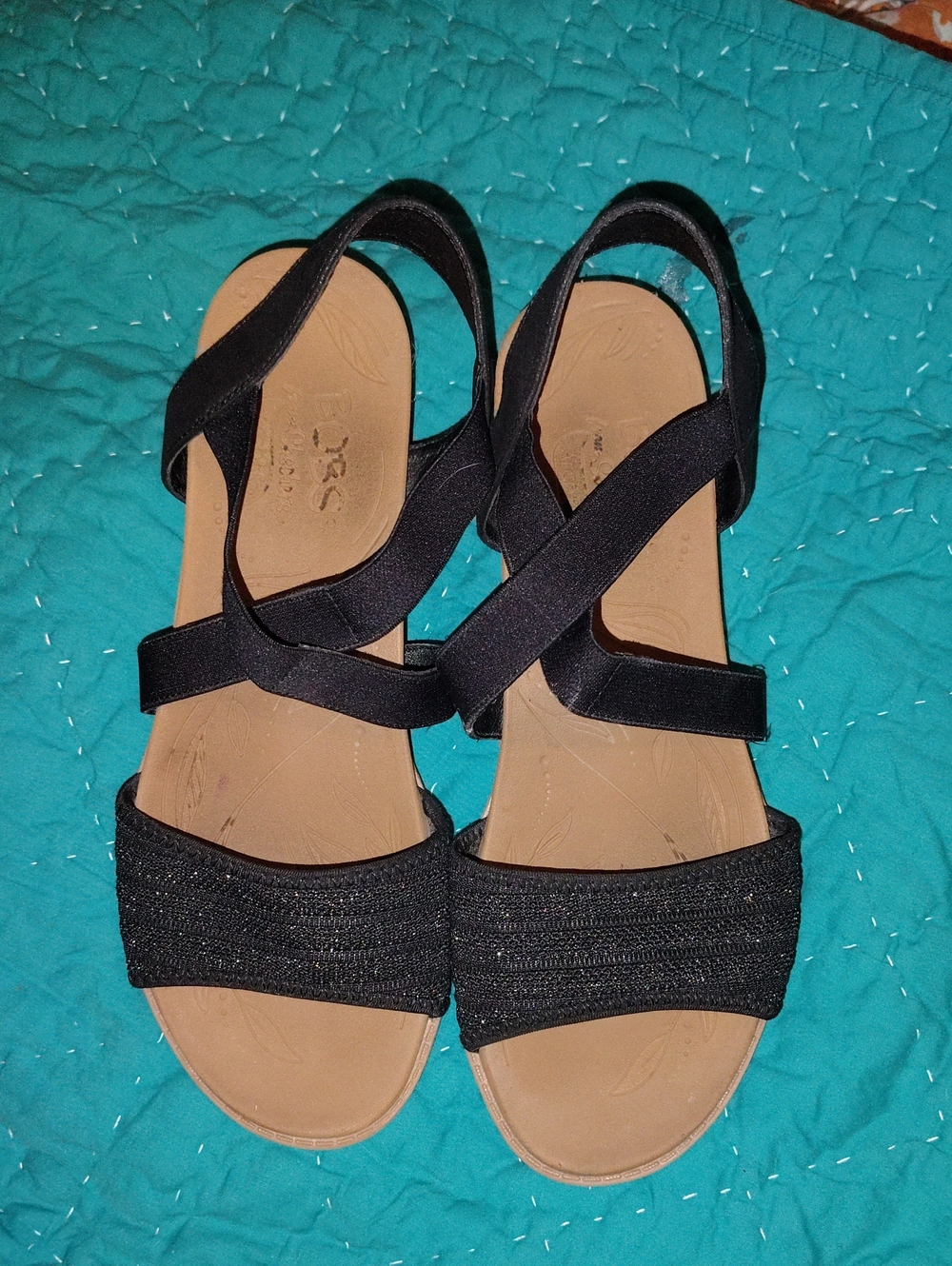BOBS from Skechers Arch Fit Black and Tan Elastic Strap Sandals